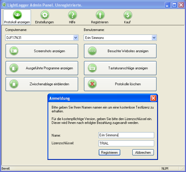 LightLogger Keylogger Registrierung