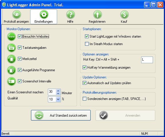 LightLogger Keylogger Einstellungen