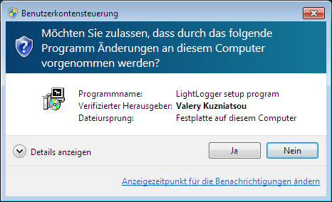 LightLogger Keylogger Benutzerkontensteuerung (UAC) Dialog