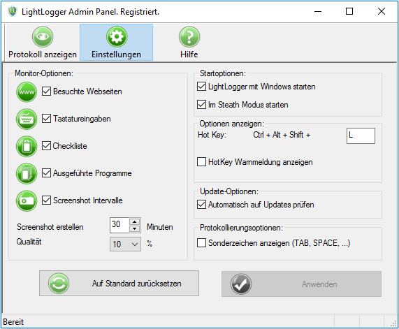 LightLogger Benutzerschnittstelle