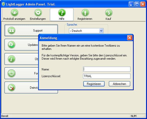 LightLogger Registrierung Fenster