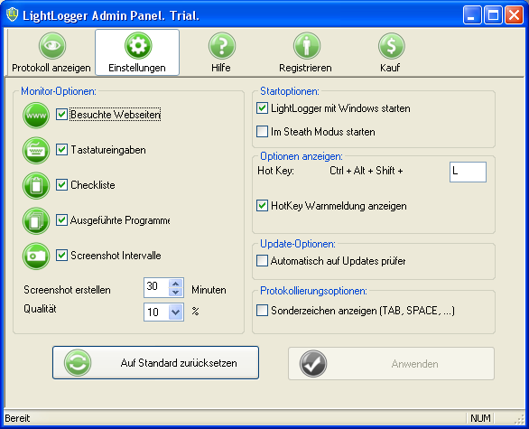 LightLogger Settings Tab